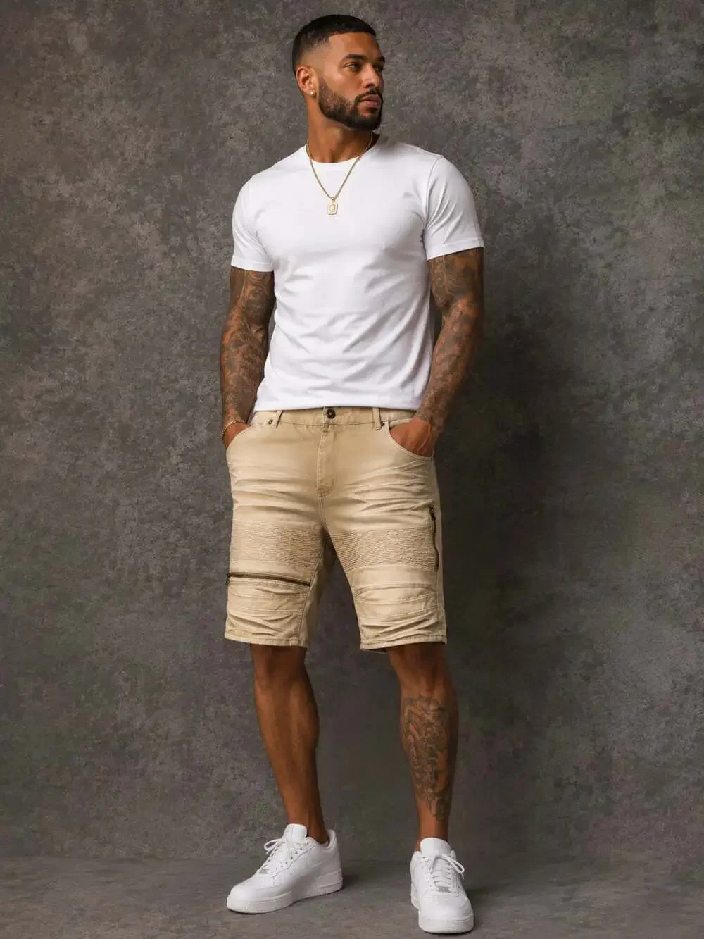 Beat & Rhythm Biker Denim Shorts Khaki with Pleated Panels and Zipper Accents
